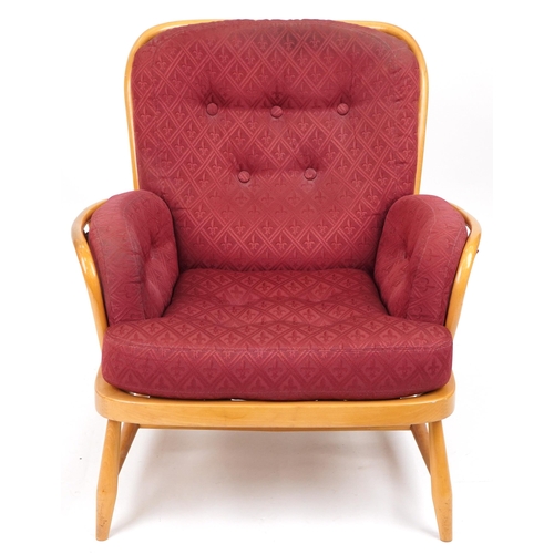 1070 - Ercol light elm Jubilee stick back armchair with red fleur de lis upholstered cushioned seats, 83cm ... 