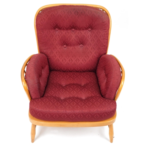 1070 - Ercol light elm Jubilee stick back armchair with red fleur de lis upholstered cushioned seats, 83cm ... 