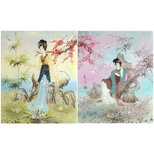 1668 - Young females beside flowers before water, two Chinese school oil on canvases, each with calligraphy... 