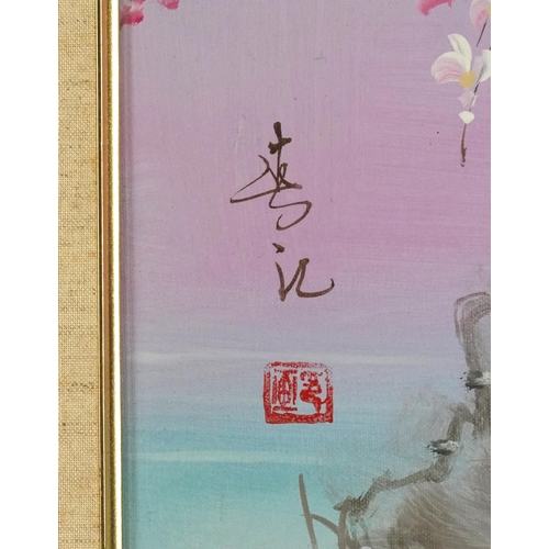 1668 - Young females beside flowers before water, two Chinese school oil on canvases, each with calligraphy... 