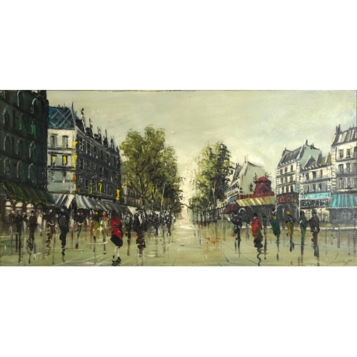 1702 - Parisian street scene, Impressionist oil on canvas, mounted and framed, bearing an indistinct signat... 