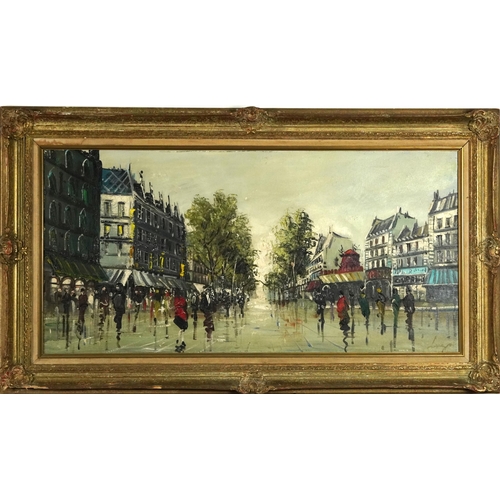 1702 - Parisian street scene, Impressionist oil on canvas, mounted and framed, bearing an indistinct signat... 