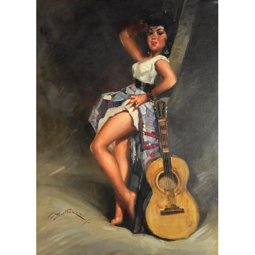 1704 - G Bertonazzi - Scantily dressed female beside a guitar, Italian school oil on board, mounted and fra... 