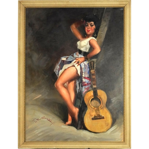 1704 - G Bertonazzi - Scantily dressed female beside a guitar, Italian school oil on board, mounted and fra... 