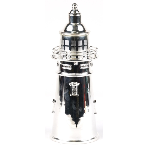 603 - Art Deco style silver plated cocktail shaker in the form of a lighthouse, 35cm high