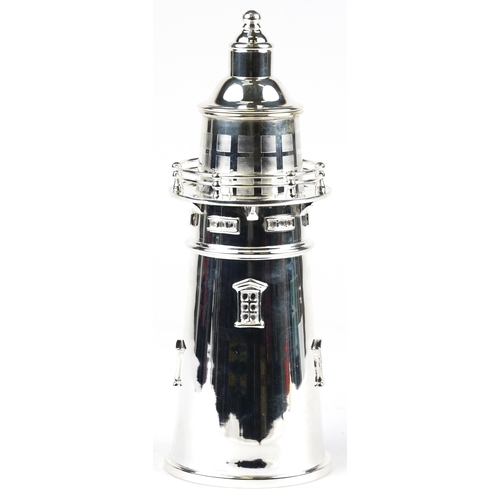 603 - Art Deco style silver plated cocktail shaker in the form of a lighthouse, 35cm high