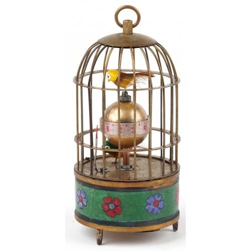 1405 - Clockwork automaton birdcage alarm clock with cloisonne band, 15.5cm high