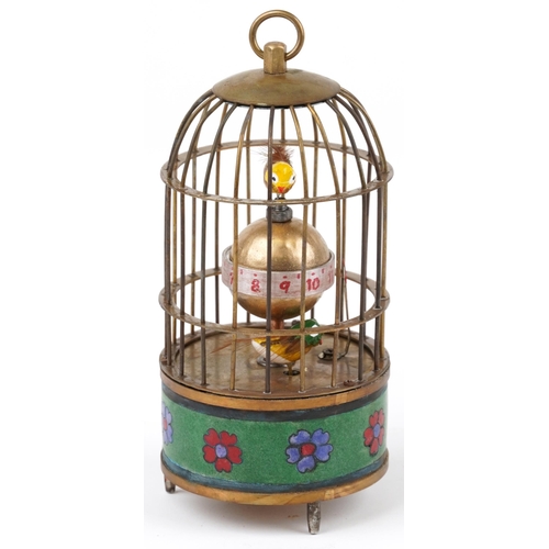 1405 - Clockwork automaton birdcage alarm clock with cloisonne band, 15.5cm high