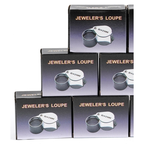 1410 - Collection of as new Triplet 30 x 21mm jeweller's loupes with boxes