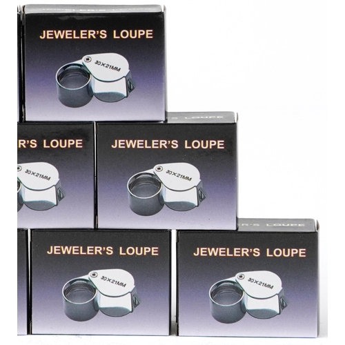 1410 - Collection of as new Triplet 30 x 21mm jeweller's loupes with boxes