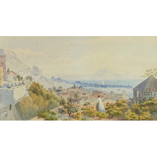 405 - Female looking out over a Mediterranean harbour, 19th century watercolour, mounted, framed and glaze... 