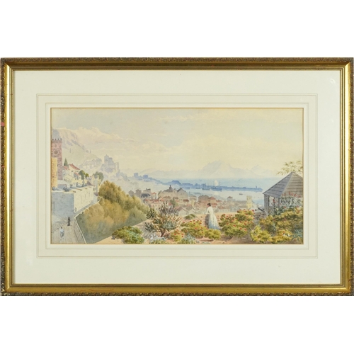 405 - Female looking out over a Mediterranean harbour, 19th century watercolour, mounted, framed and glaze... 