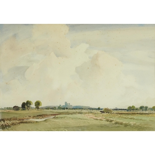 500 - Percy Lancaster - View near Lincoln, early 20th century watercolour, mounted, framed and glazed, 49c... 