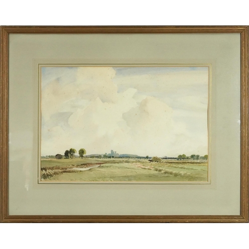 500 - Percy Lancaster - View near Lincoln, early 20th century watercolour, mounted, framed and glazed, 49c... 