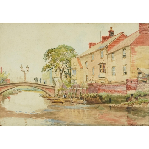 751 - Clem Lambert - Cliff Bridge Lewes, early 20th century watercolour, mounted, framed and glazed, 52cm ... 