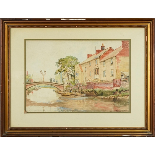 751 - Clem Lambert - Cliff Bridge Lewes, early 20th century watercolour, mounted, framed and glazed, 52cm ... 