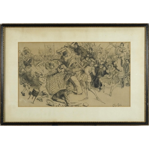 673 - Charles Henry Sykes - Mon Noon, chaotic Suffragette procession, political interest pen and ink caric... 