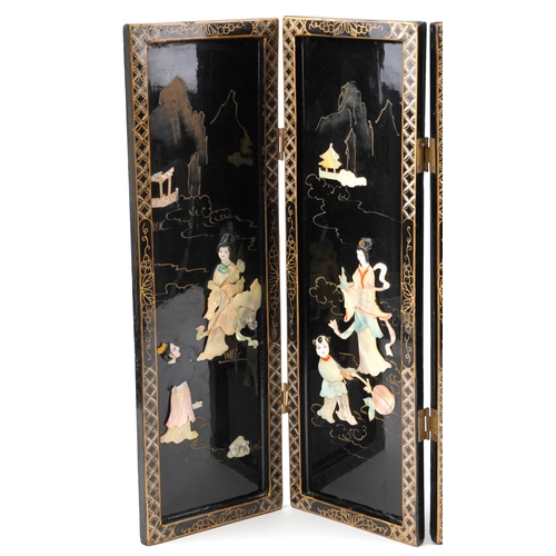 632 - Chinese black lacquered four fold screen with mother of pearl inlay depicting mothers and children, ... 