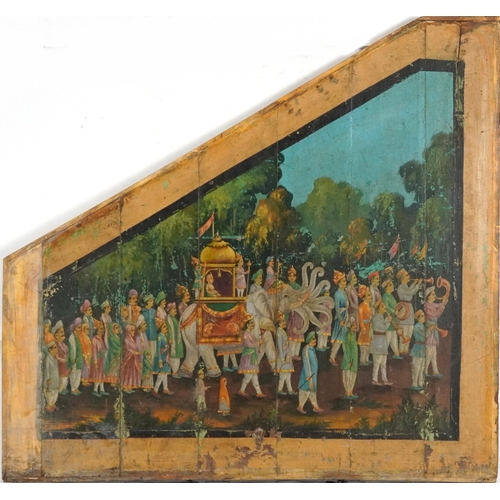 188 - 19th century Indian wood panel hand painted with a procession and mahout, 72.5cm x 68cm