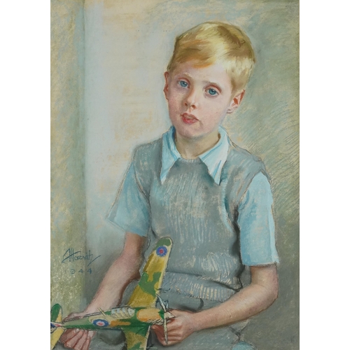 287 - Armin Horovitz 1944 - Portrait of a young boy holding a model of a Spitfire, World War II military i... 