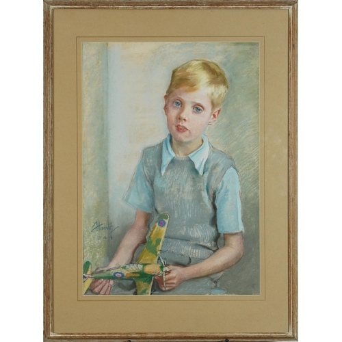 287 - Armin Horovitz 1944 - Portrait of a young boy holding a model of a Spitfire, World War II military i... 