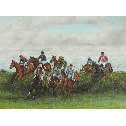 785 - Alison Ingrid Ashton - The Grand National, Aintree 1990, equestrian interest watercolour, Cancer Res... 