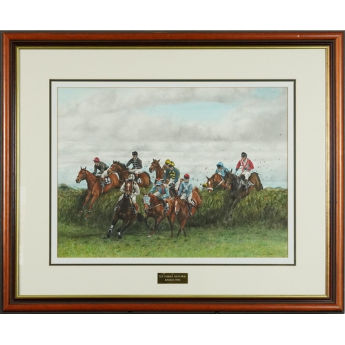 785 - Alison Ingrid Ashton - The Grand National, Aintree 1990, equestrian interest watercolour, Cancer Res... 