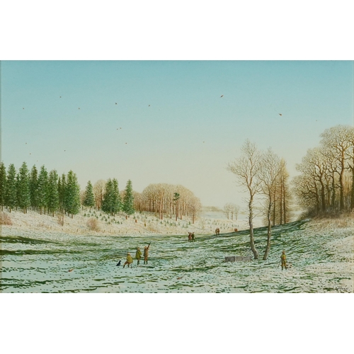 736 - Mace - Winter morning shoot, contemporary oil on board, mounted and framed, 36.5cm x 23.5cm excludin... 