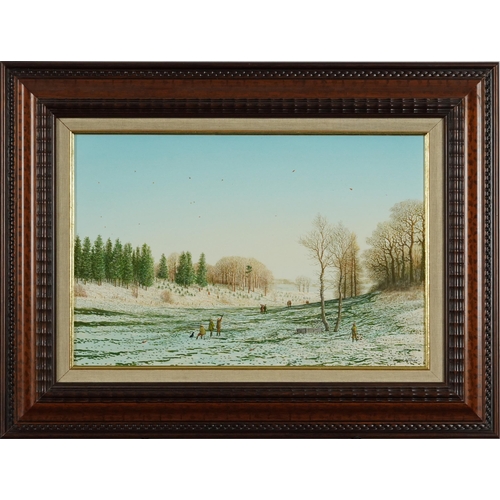 736 - Mace - Winter morning shoot, contemporary oil on board, mounted and framed, 36.5cm x 23.5cm excludin... 