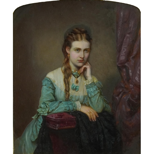 737 - Top half portrait of a young female wearing pearl earrings and green dress, Victorian oil housed in ... 