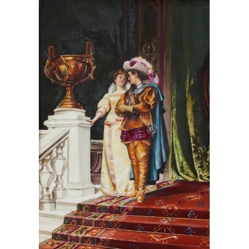 738 - Cavalier with lover on stairwell, French school porcelain plaque housed in a giltwood Florentine fra... 