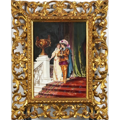 738 - Cavalier with lover on stairwell, French school porcelain plaque housed in a giltwood Florentine fra... 