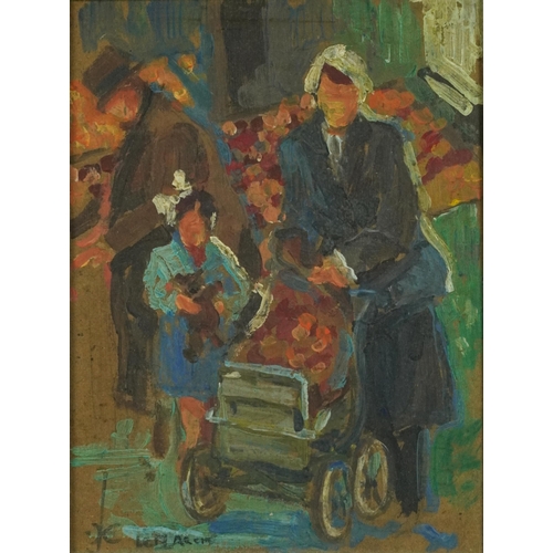 117 - Christiane Caillotin - Market scene with mother and pushchair, contemporary French Impressionist oil... 