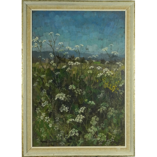 698 - Michael Cadman 1970 - Field of Hemlock, oil on board, mounted and framed, 64cm x 44cm excluding the ... 