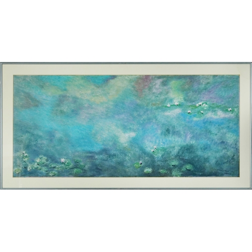 784 - Clive Fredriksson after Claude Monet - Lili pads on calm water, Impressionist oil on board, mounted,... 