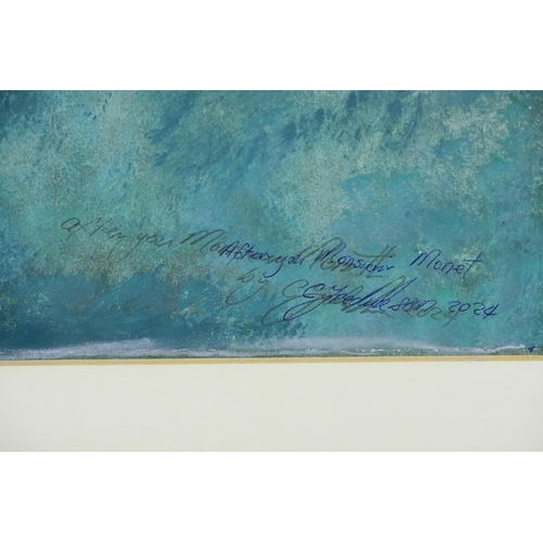 784 - Clive Fredriksson after Claude Monet - Lili pads on calm water, Impressionist oil on board, mounted,... 