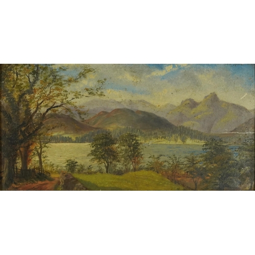 763 - Panoramic mountainous lake scene, early 20th century oil on board, bearing an indistinct monogram, m... 