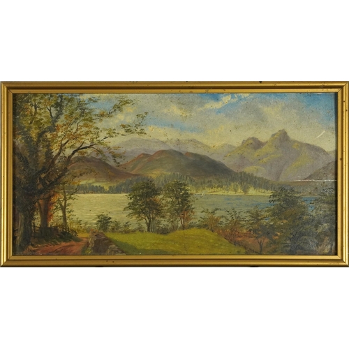 763 - Panoramic mountainous lake scene, early 20th century oil on board, bearing an indistinct monogram, m... 