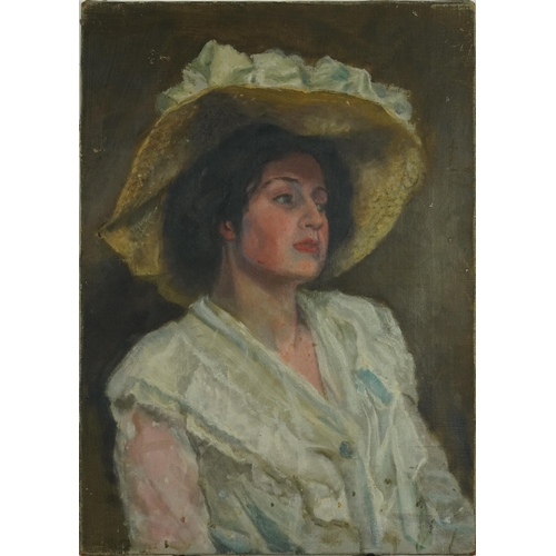 291 - Top half portrait of a female wearing a wide brimmed hat and white lace top, early 20th century oil ... 