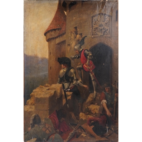 10 - A C Woodville - Medieval knights with swords and crossbows, antique oil on canvas, unframed, 106cm x... 