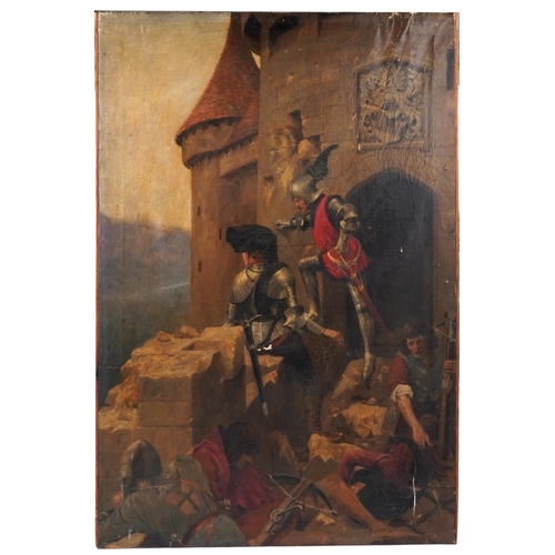 10 - A C Woodville - Medieval knights with swords and crossbows, antique oil on canvas, unframed, 106cm x... 