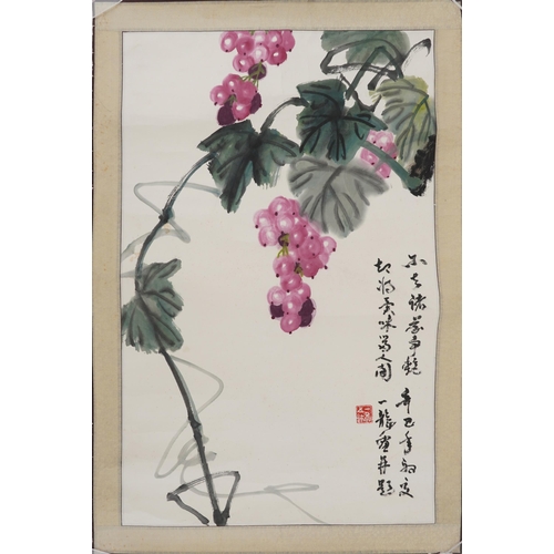 1460 - Grapes, Chinese watercolour scroll signed with calligraphy and red seal marks, 69cm x 46cm