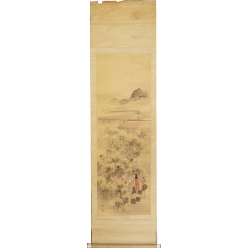 629 - Harvest scene, Chinese ink and watercolour wall hanging scroll signed with calligraphy and red seal ... 