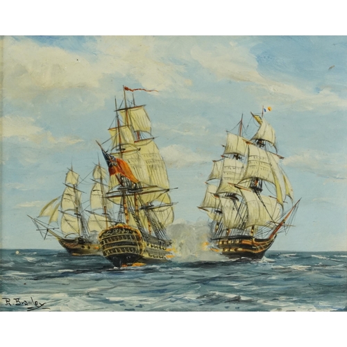 776 - Men-O-War, three naval interest oil on boards including two signed R Bramley and Winson, each mounte... 