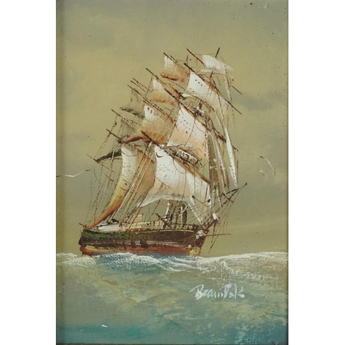 776 - Men-O-War, three naval interest oil on boards including two signed R Bramley and Winson, each mounte... 