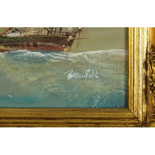 776 - Men-O-War, three naval interest oil on boards including two signed R Bramley and Winson, each mounte... 