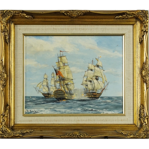 776 - Men-O-War, three naval interest oil on boards including two signed R Bramley and Winson, each mounte... 