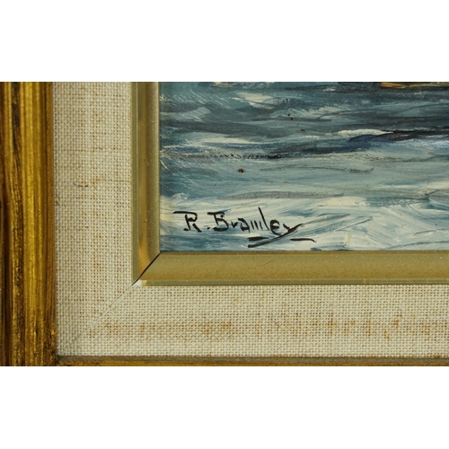 776 - Men-O-War, three naval interest oil on boards including two signed R Bramley and Winson, each mounte... 