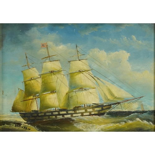 776 - Men-O-War, three naval interest oil on boards including two signed R Bramley and Winson, each mounte... 