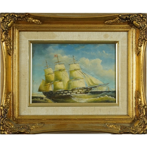 776 - Men-O-War, three naval interest oil on boards including two signed R Bramley and Winson, each mounte... 